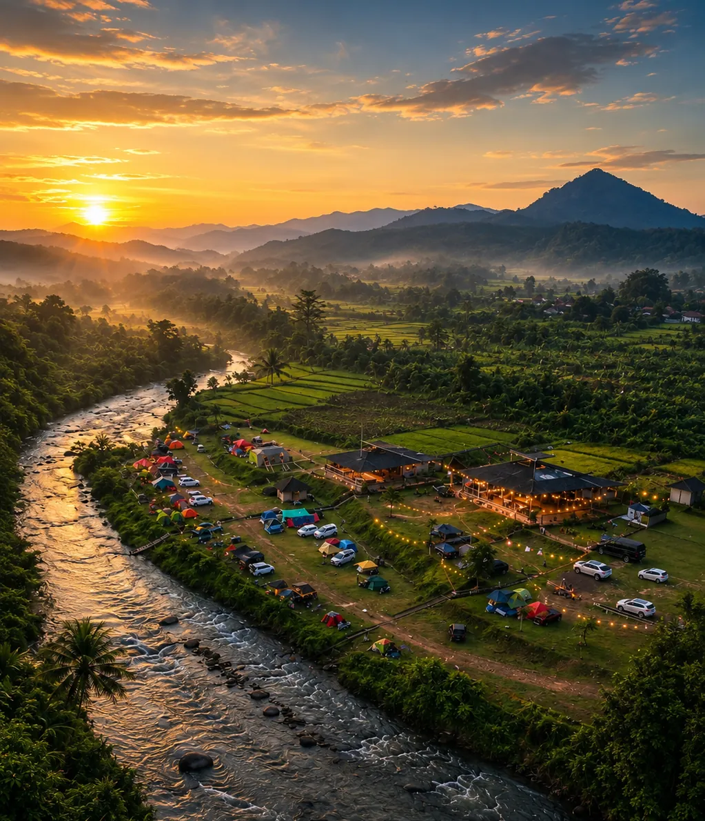 Foto udara Sisi Cai saat langit keemasan: sungai berkelok di samping area camping penuh tenda, dengan sawah dan gunung di kejauhan